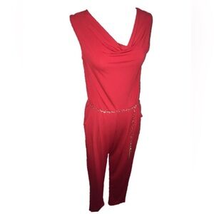 Red Plunge Cowl Neck Jumpsuit Peg Leg with Chain Belt